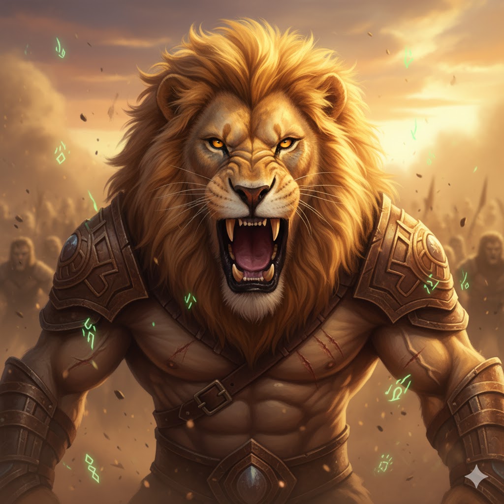 Close-up dramatic portrait of a massive lion alpha male with a magnificent golden-brown mane, mouth open in a powerful roar